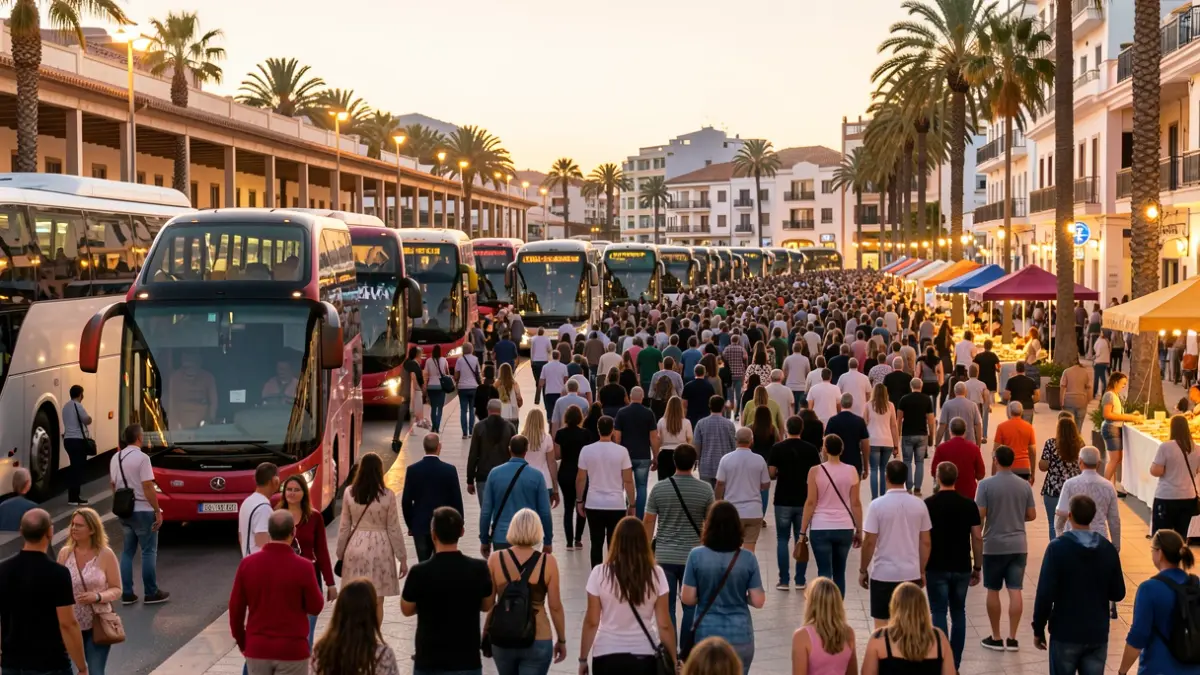 Generic image of a busy bus station in Gran Canaria during a festival.