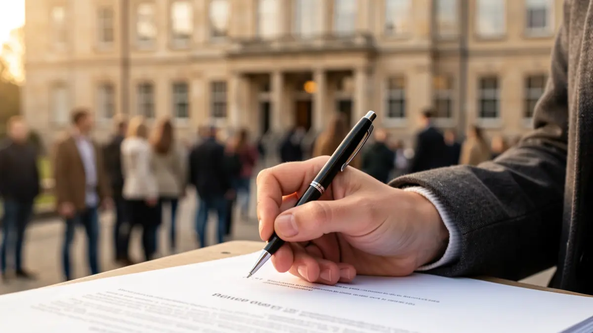 Primer plano de la mano de un estudiante universitario sujetando un bolígrafo sobre un documento, con la fachada de un edificio universitario desenfocada al fondo.