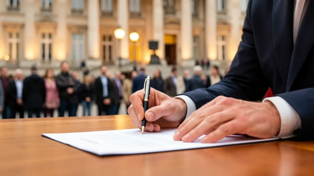 Hands of an official signing an official document on a desk.