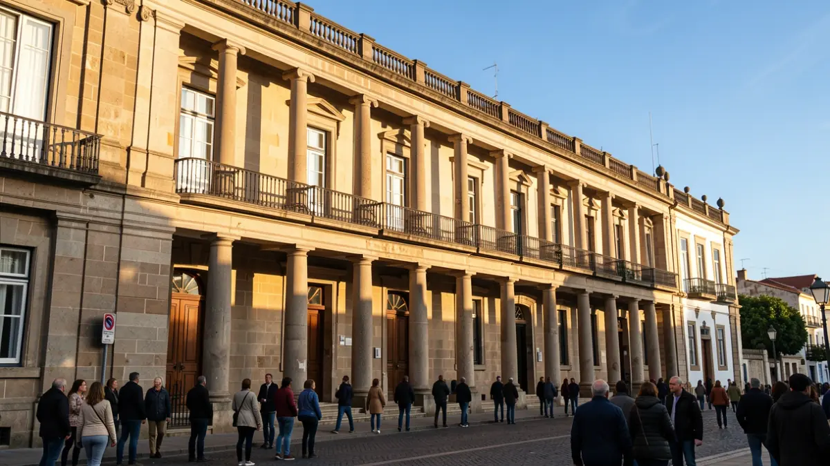 Facade of a Canarian institutional building with columns and balconies, afternoon light.