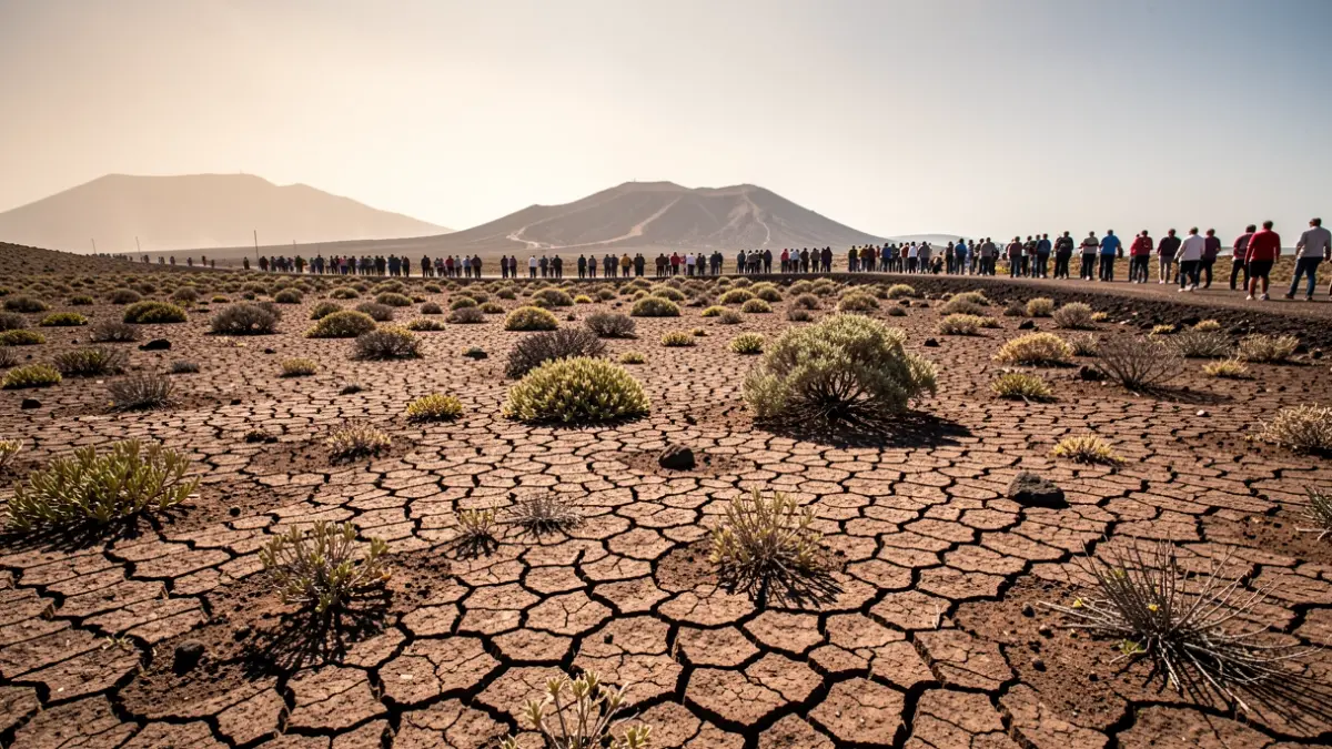 Paisaje volcánico de Gran Canaria con tierra seca y agrietada bajo un cielo brumoso y caluroso.