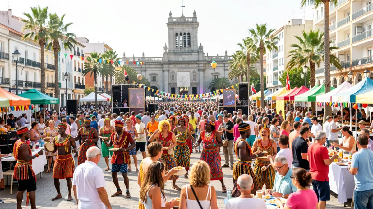 Imagen de un festival cultural africano en Las Palmas de Gran Canaria con música, danza y gastronomía.