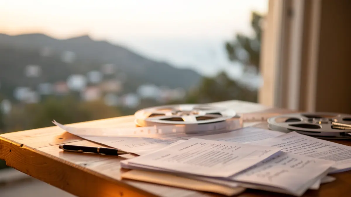 Film reel illuminating scripts and a pen on a table, symbolizing audiovisual production.