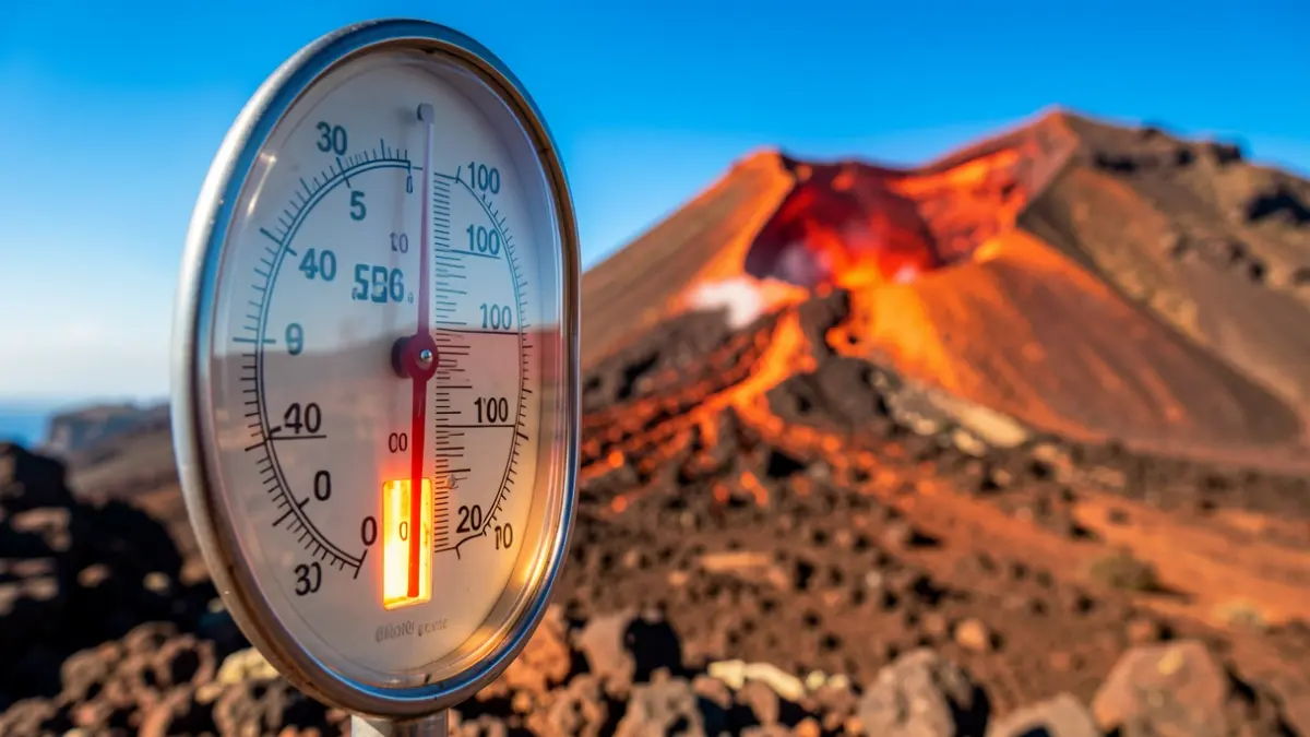 Termómetro marcando alta temperatura en un paisaje volcánico de Canarias.