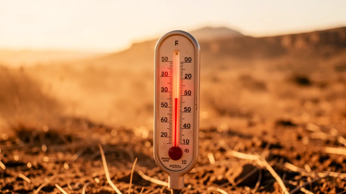 Termómetro mostrando alta temperatura en paisaje seco de Gran Canaria.