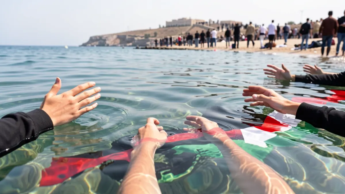 Hands emerging from the sea water as a symbol of solidarity with Gaza, with reflections of Palestinian flag colors.