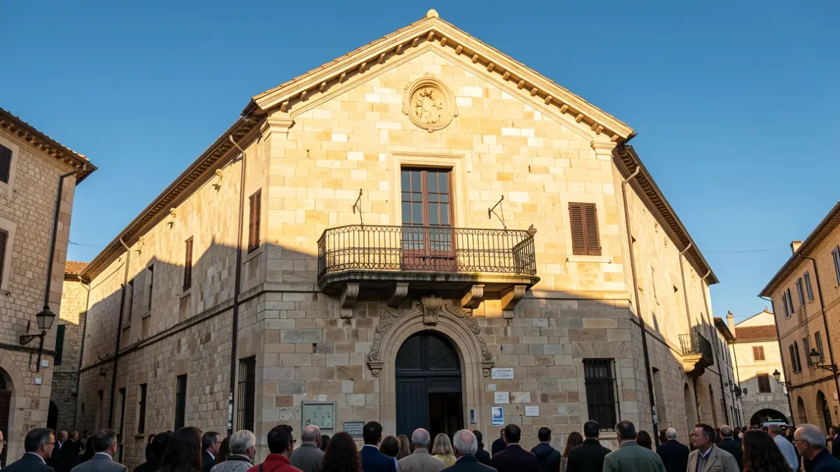 Facade of a traditional Canarias town hall with a balcony and iron railings, under the afternoon sun.