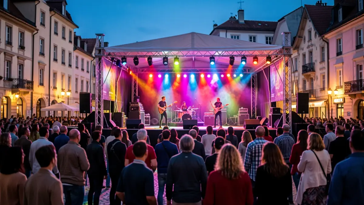 Escena de un festival de jóvenes talentos en una plaza al atardecer, con un escenario iluminado y público al fondo.