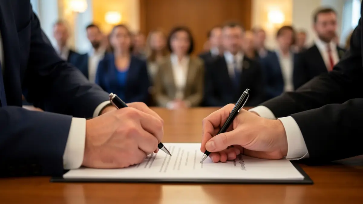 Signing of an institutional collaboration agreement in an office.
