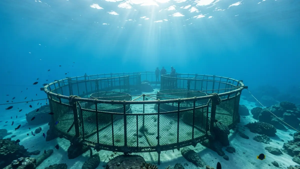 Image of an underwater aquaculture farm with circular cages anchored to the seabed in clear waters.