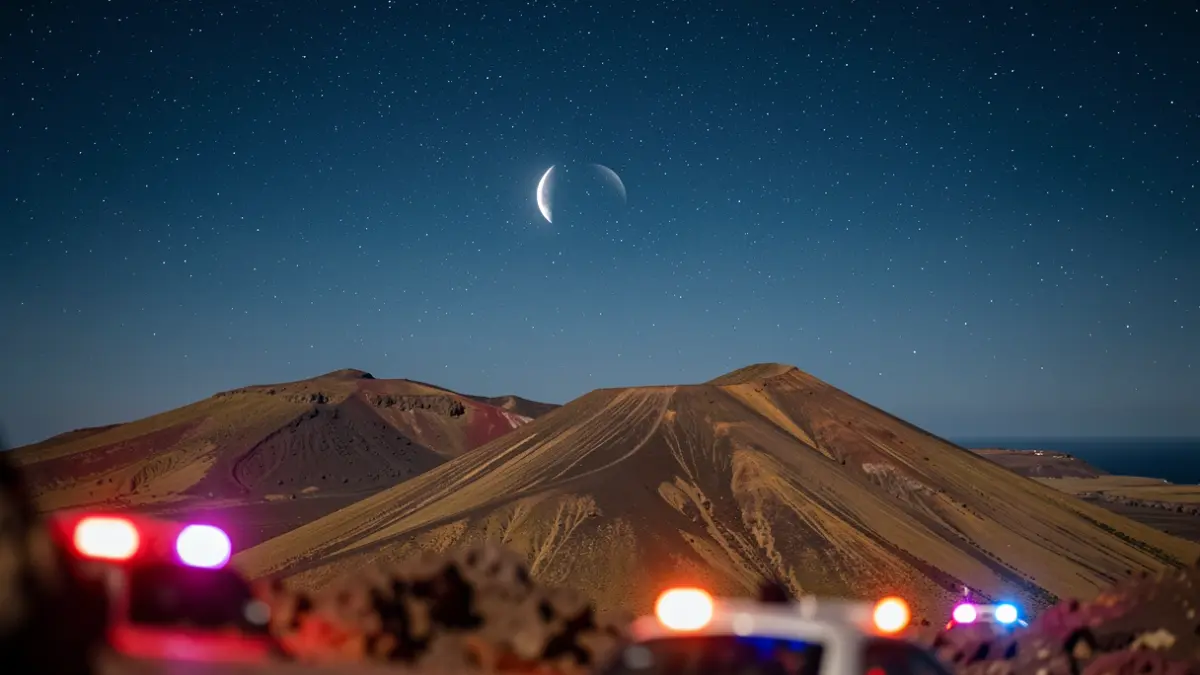 Imagen genérica de un paisaje volcánico de Canarias con cielo nocturno y luces de emergencia borrosas.