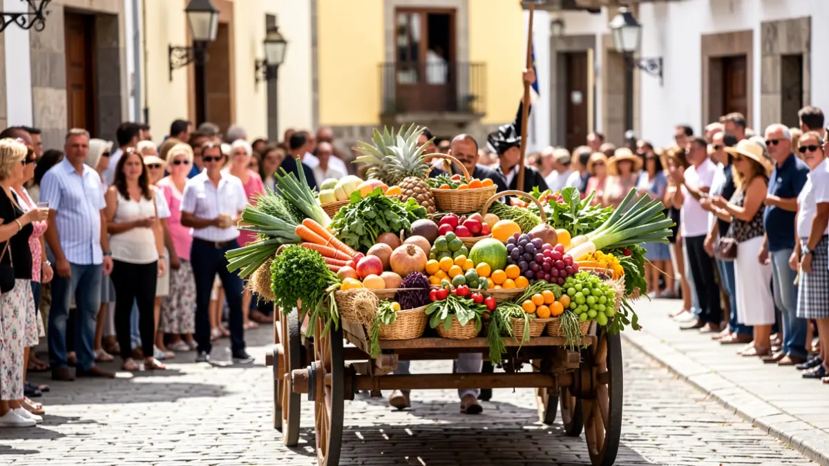 Traditional Canarian cart decorated with local produce during a pilgrimage.