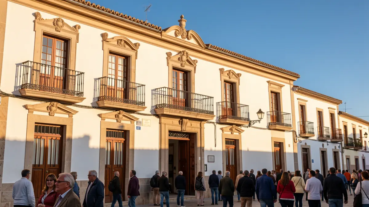 Fachada del Ayuntamiento de Guía de Isora con balcones y barandillas de hierro, bajo la luz del sol de la tarde.