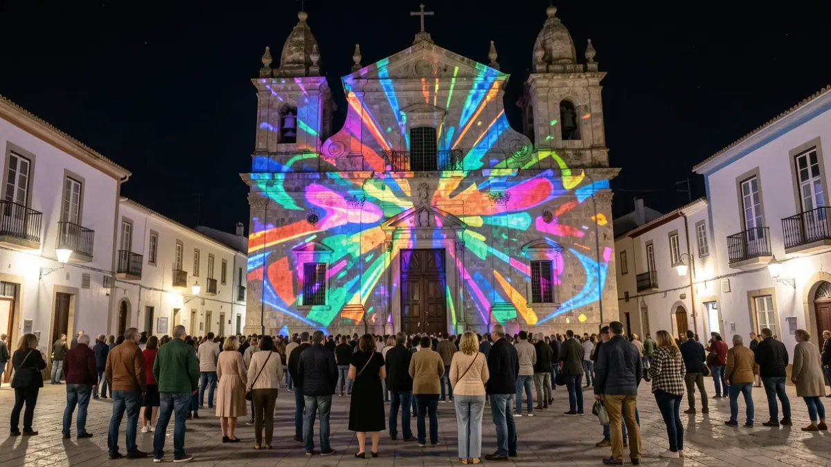 Videomapping projection with colorful lights and shapes on a church facade in Guía.
