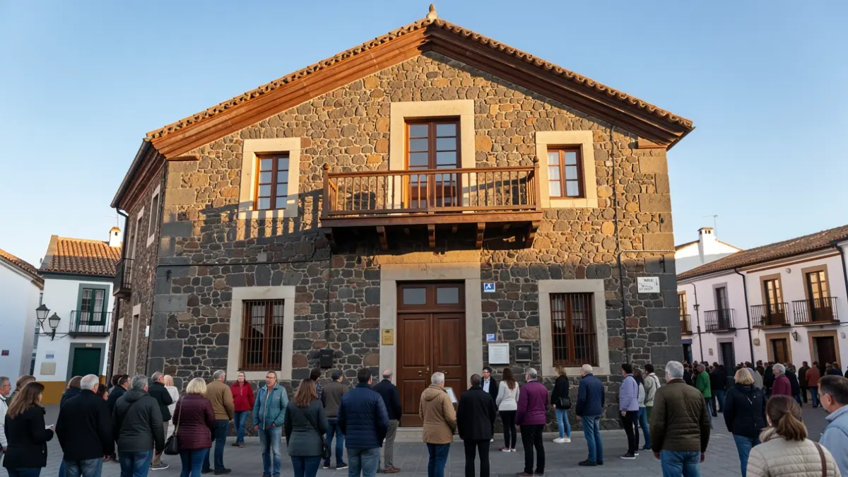 Facade of a traditional Canarian town hall with a wooden balcony.