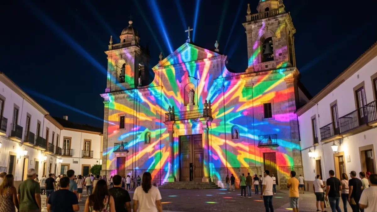Light and sound show projected onto a church facade in Guía during the festivities.