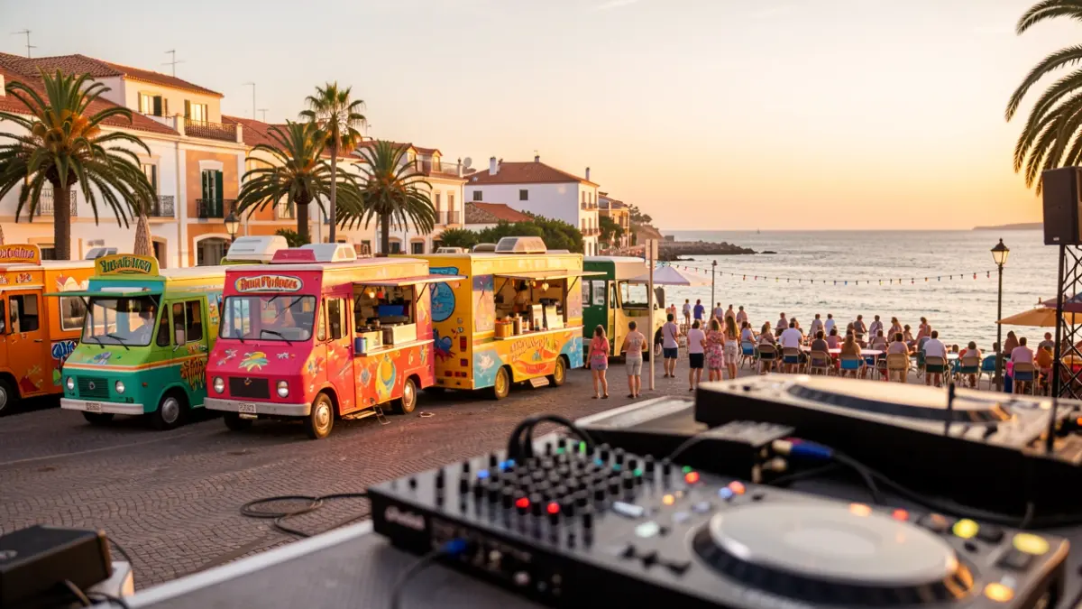 Generic image of a summer festival in a coastal square in the Canary Islands with food trucks and a stage.