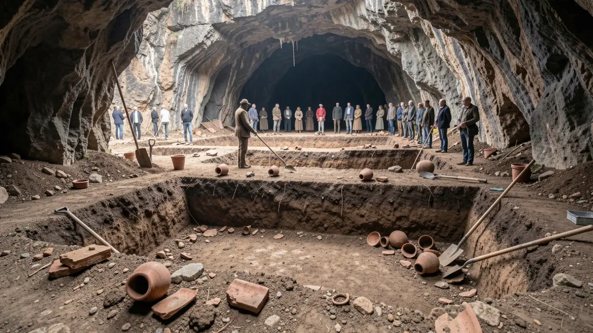 Excavación arqueológica en una cueva del Barranco de El Palmar, Buenavista del Norte, con hallazgos de cerámica y herramientas.
