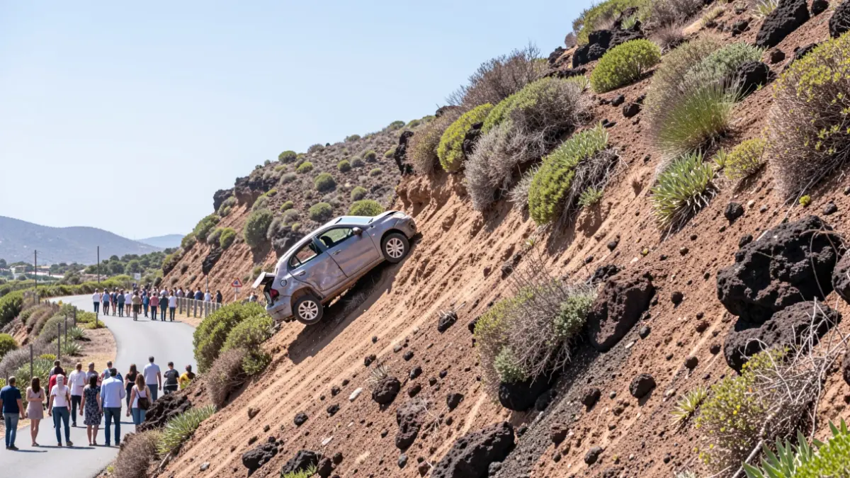 Generic image of a crashed car on a rural embankment in the Canary Islands.