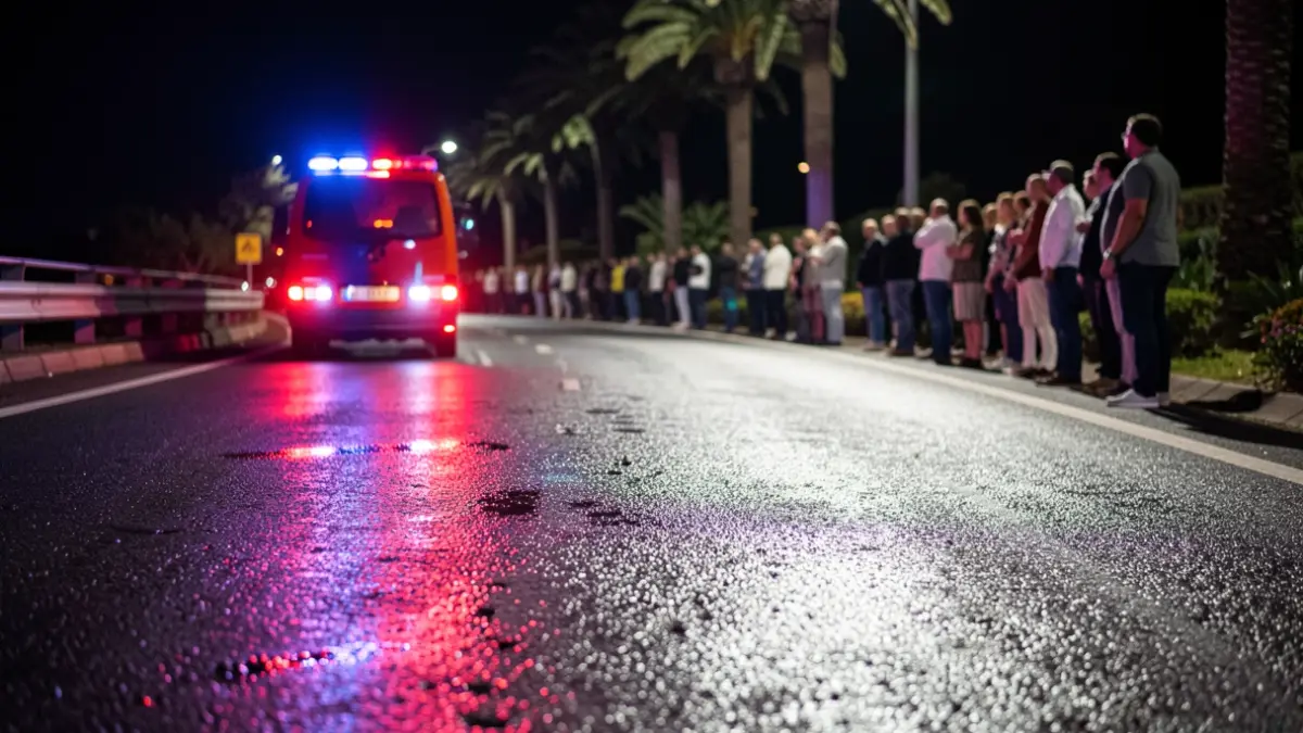 Imagen genérica de luces de emergencia reflejándose en asfalto mojado por la noche.