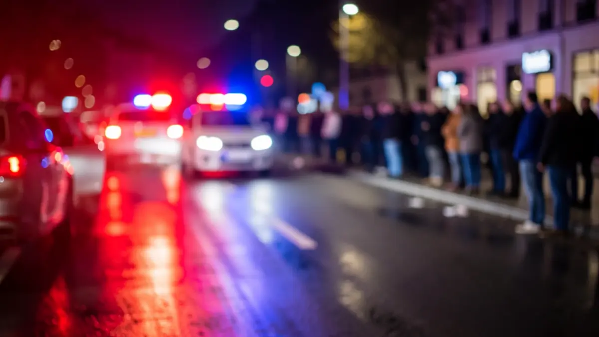 Imagen genérica de luces de emergencia policiales reflejándose en asfalto mojado.