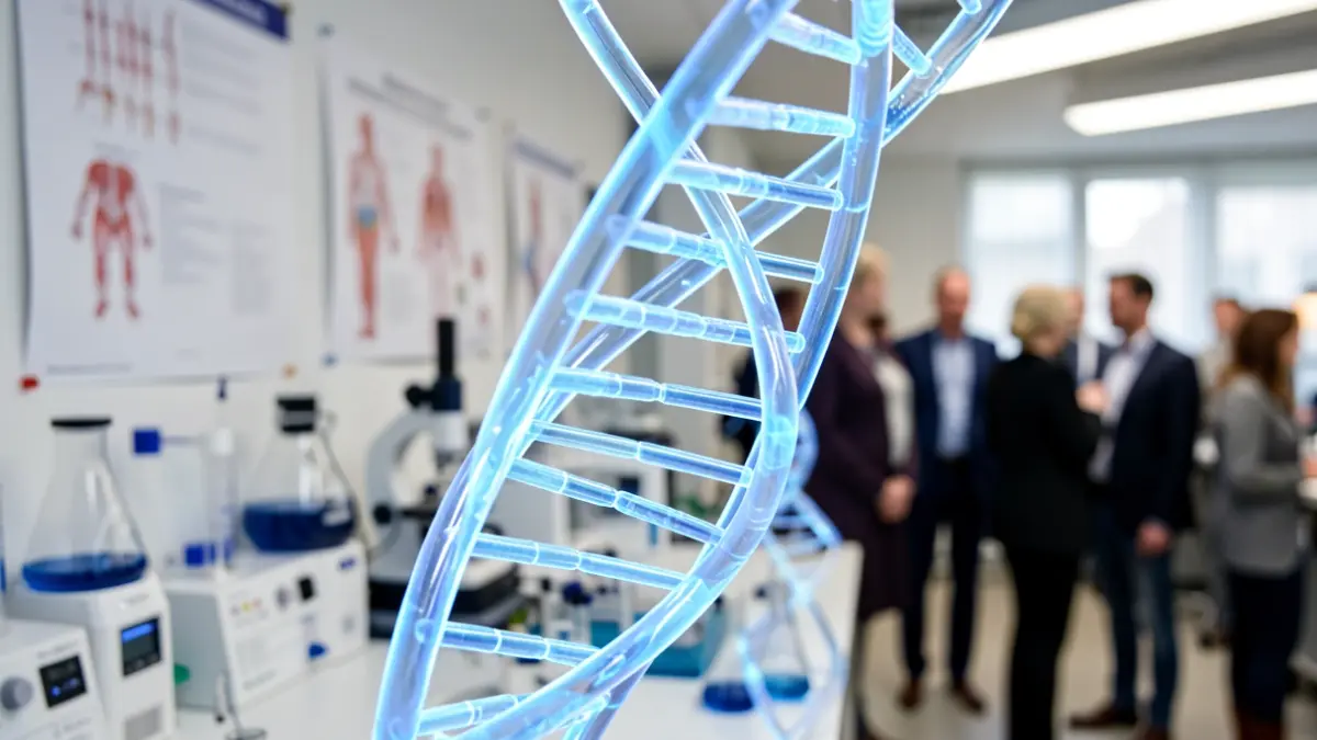 Visual representation of a DNA helix with laboratory equipment in the background.