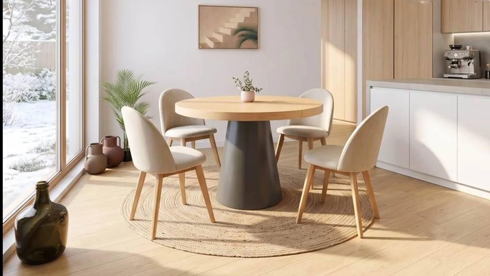 Oria extendable round table with modern design and conical central leg