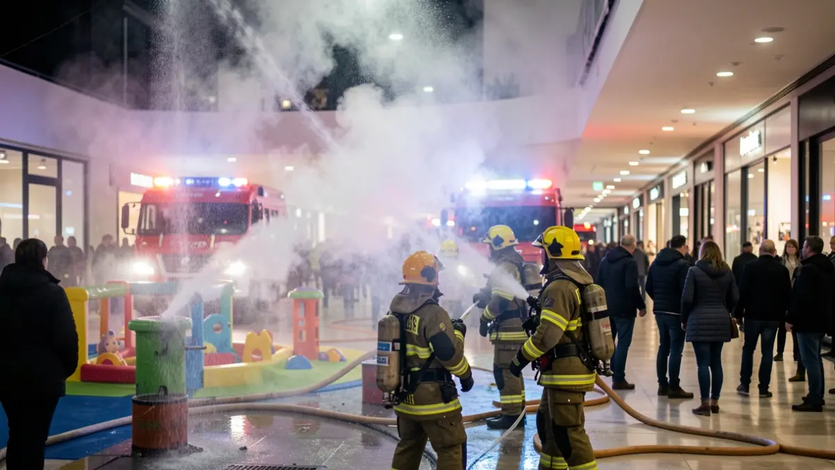 Firefighters responding to a fire in a children's play area inside a shopping mall in Mogán during the early morning hours.
