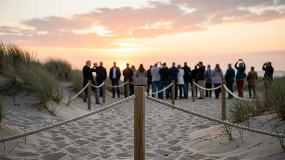 Imagen de personas cruzando una cuerda de protección en las Dunas de Maspalomas al atardecer.