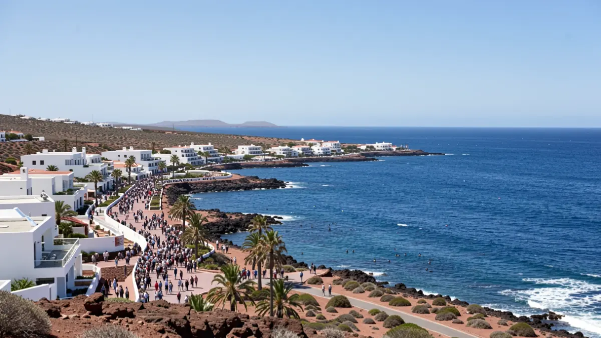 Panoramic view of a coastal tourist resort in Lanzarote, with white buildings and the blue sea under a clear sky.