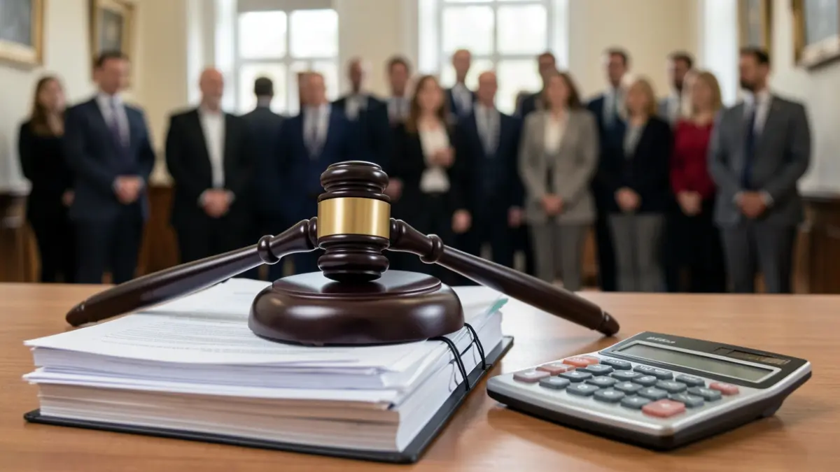 Generic image of a judge's gavel on legal documents and a calculator.