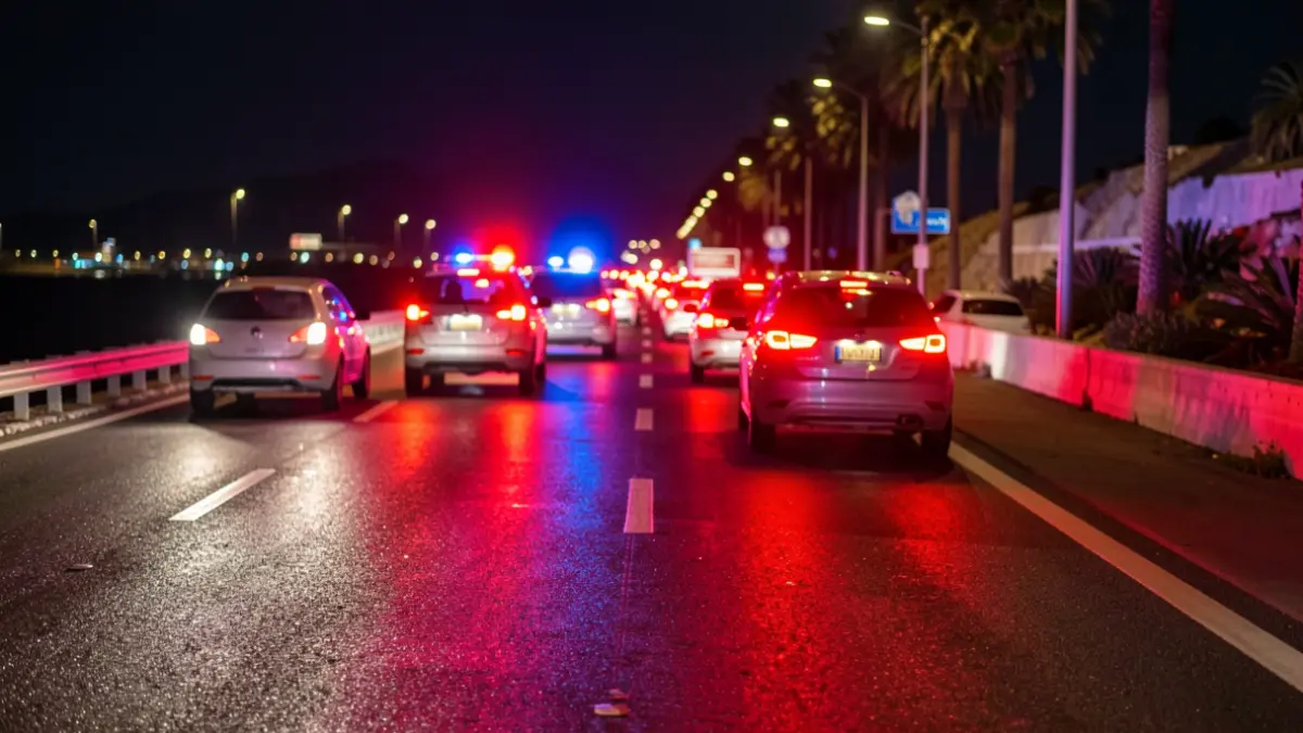Imagen genérica de un atasco nocturno con luces de emergencia.