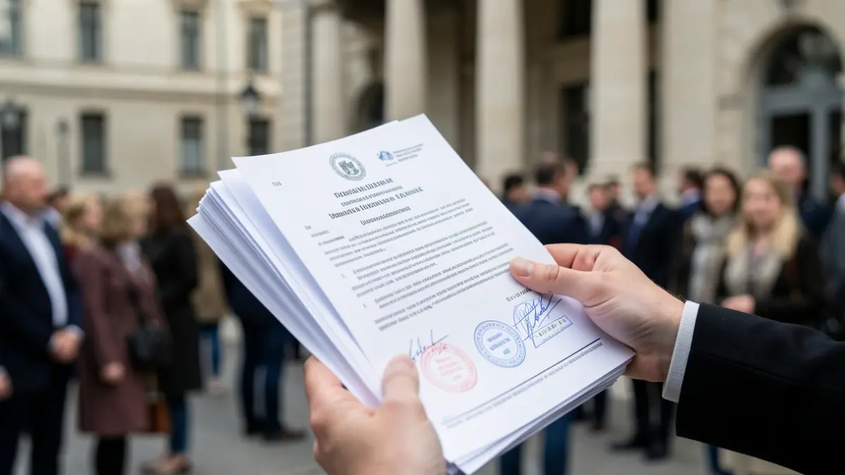 Close-up of a hand holding asylum files in a government building.