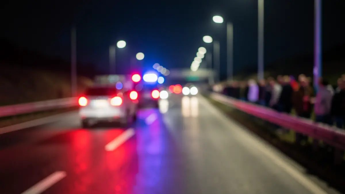 Generic image of emergency lights on a wet highway at night.