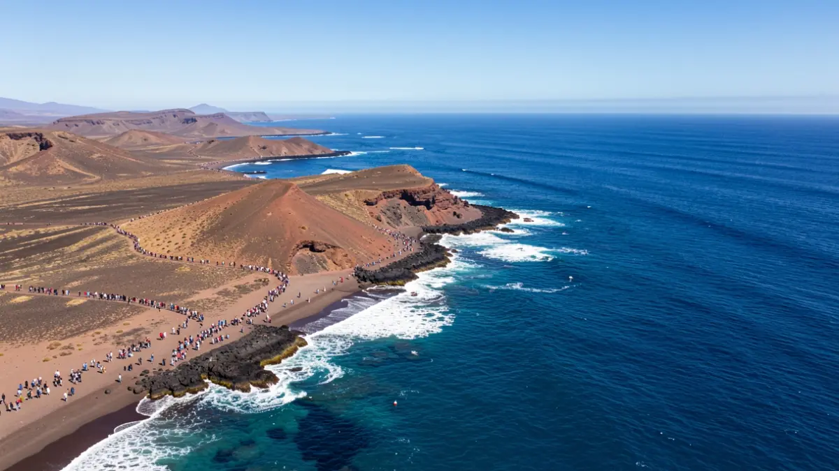 Aerial view of Fuerteventura coastline with volcanic landscape and ocean.