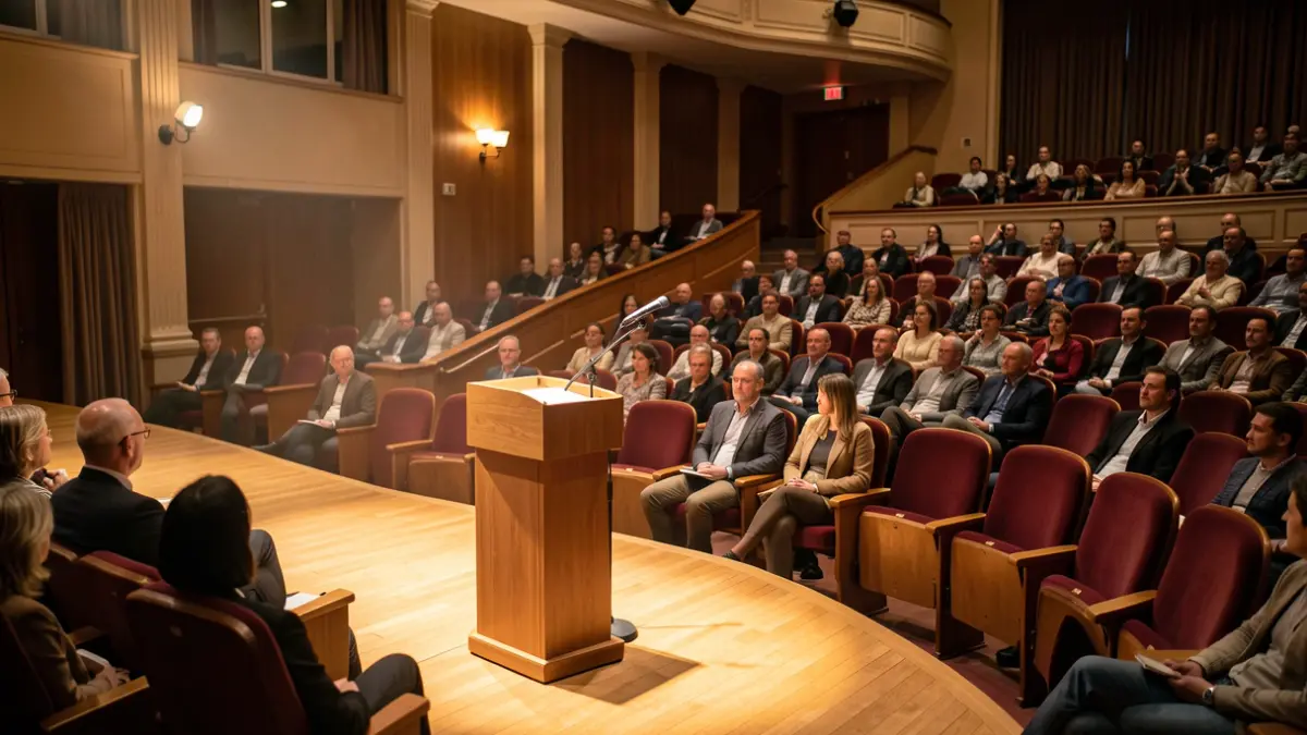 Generic image of an empty university auditorium with a microphone on stage.