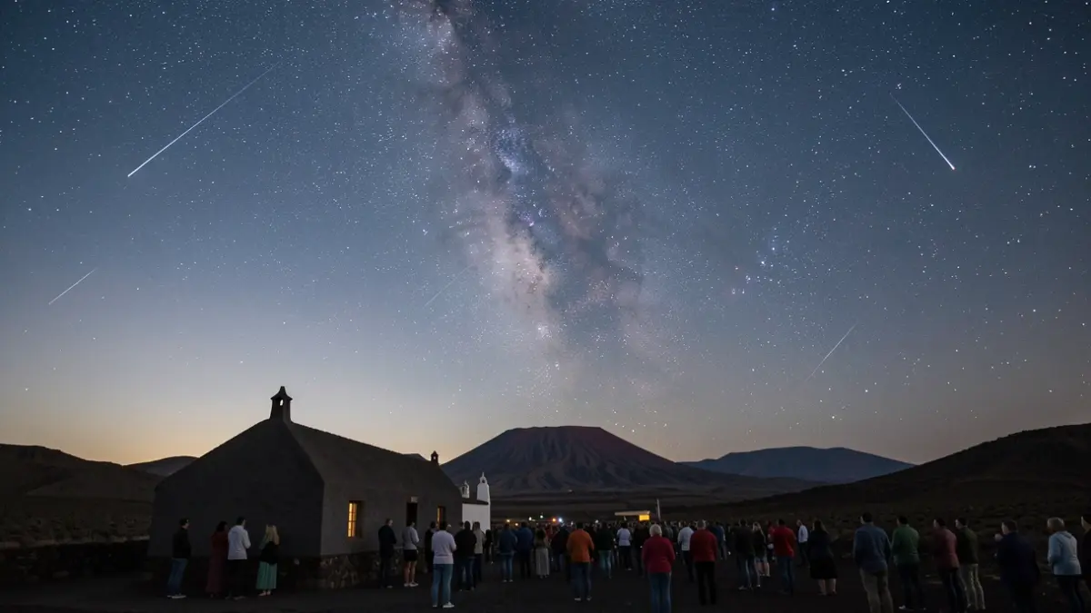 Cielo nocturno estrellado sobre un paisaje volcánico de Fuerteventura con silueta de edificio.