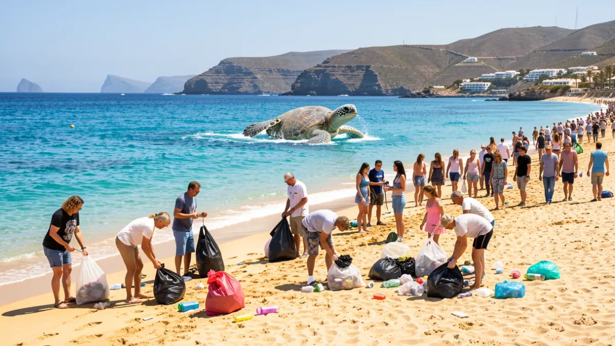 Generic image of a beach cleanup and sea turtle release event in the Canary Islands.