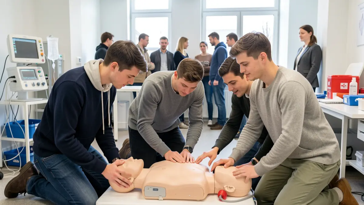 Young people learning CPR and first aid at a camp.