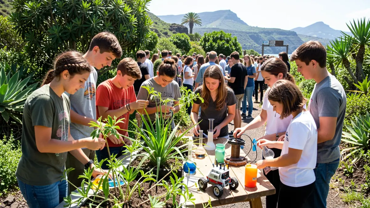 Young people participating in outdoor scientific and environmental activities in the Canary Islands.