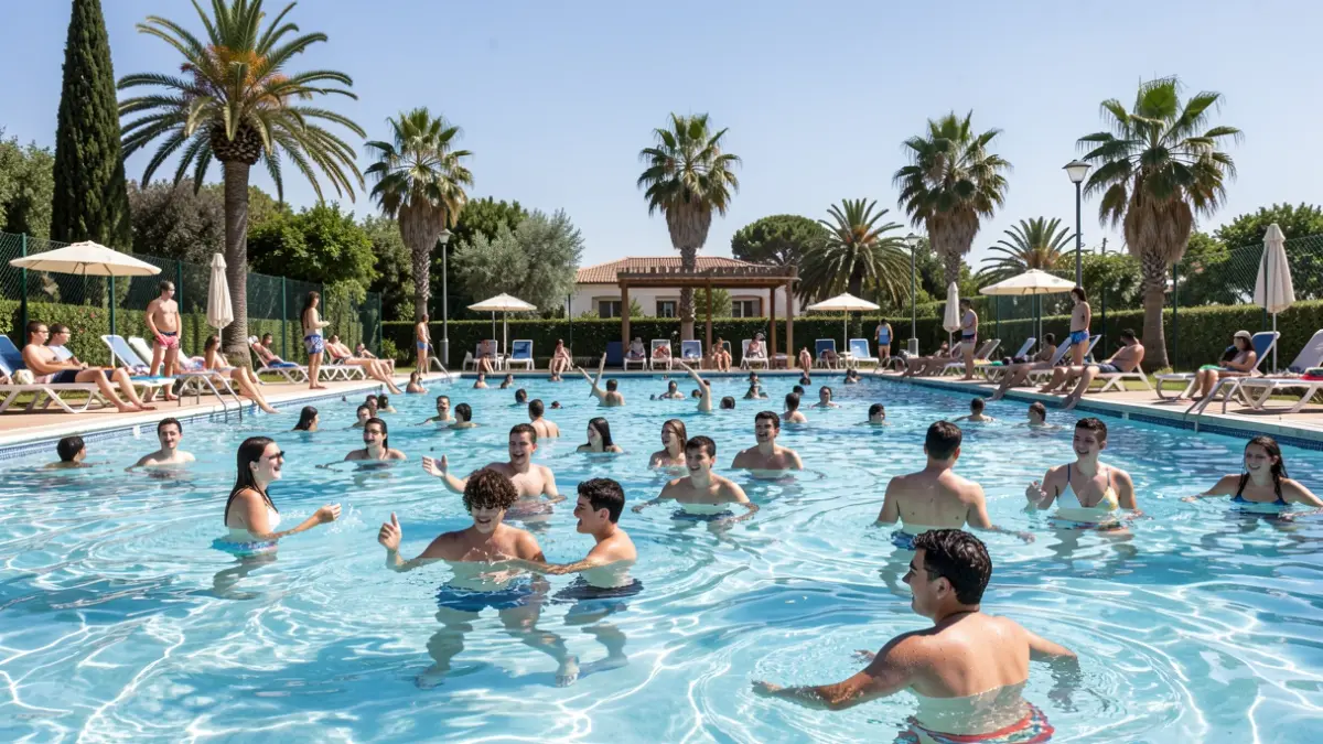 Generic image of young people enjoying a municipal swimming pool.
