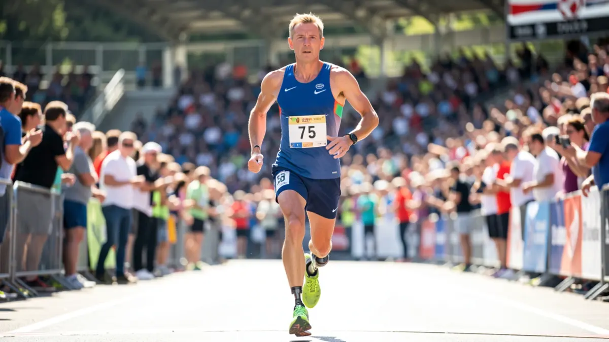 Imagen de un triatleta paralímpico cruzando la meta en una competición.