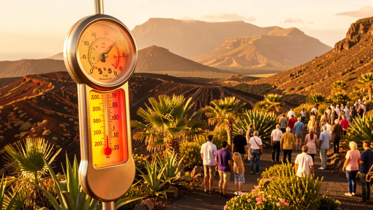 Thermometer showing high temperature in a sunny Canary Islands landscape.