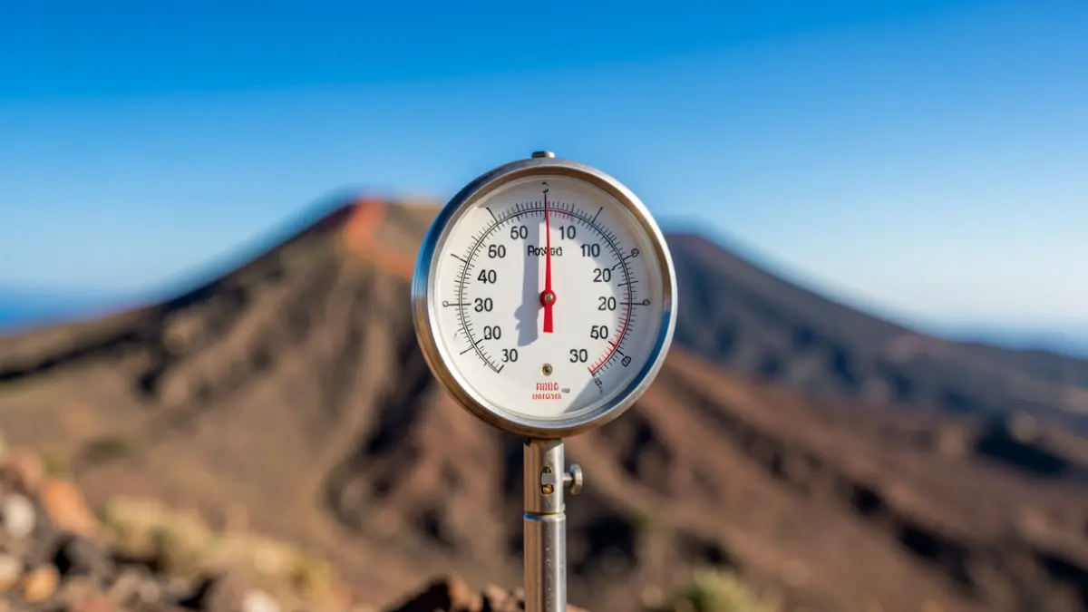 Termómetro marcando alta temperatura con paisaje volcánico canario de fondo.