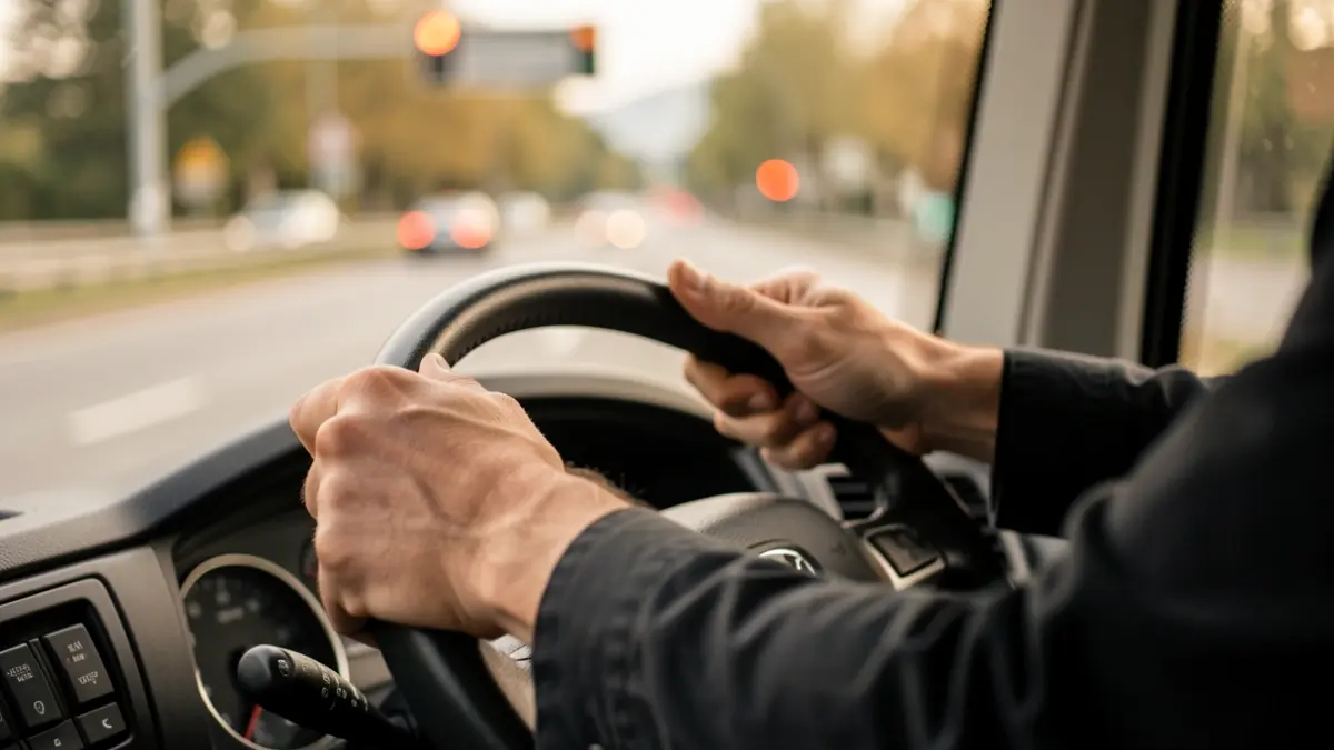 Close-up of a bus driver's hands on the steering wheel, with blurred road and traffic lights in the background.