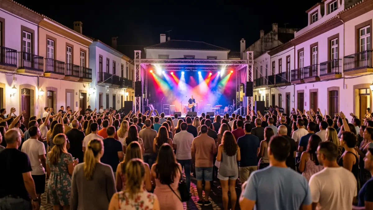 Generic image of an outdoor concert in a town square at night, with a musician on stage and an audience enjoying the music.