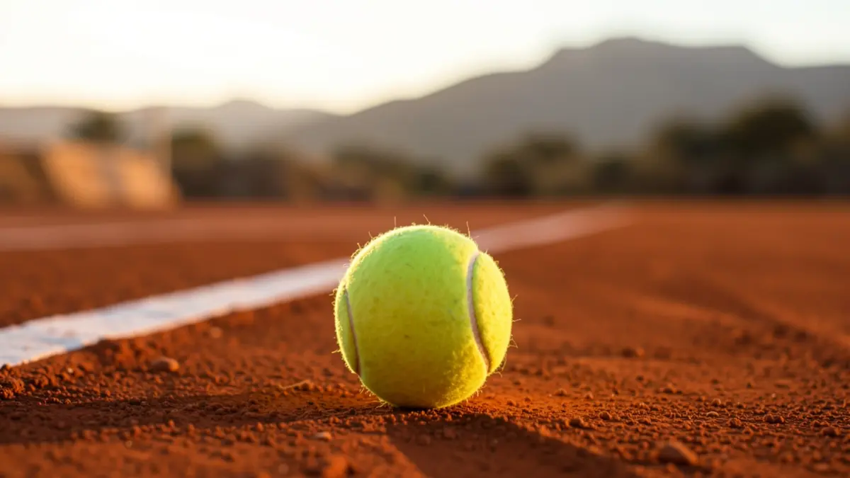Tennis ball on a clay court on a sunny day in Gran Canaria.