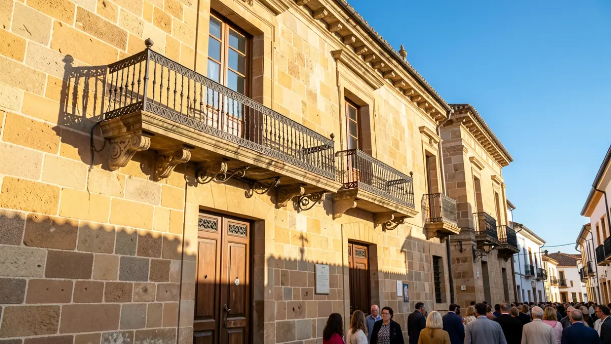 Facade of a traditional Canarian town hall with a balcony and iron railings, afternoon sunlight.