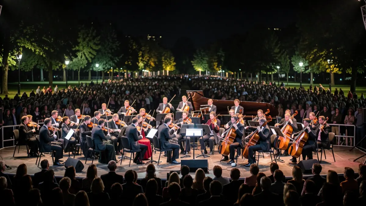 Imagen genérica de una orquesta sinfónica actuando al aire libre por la noche.