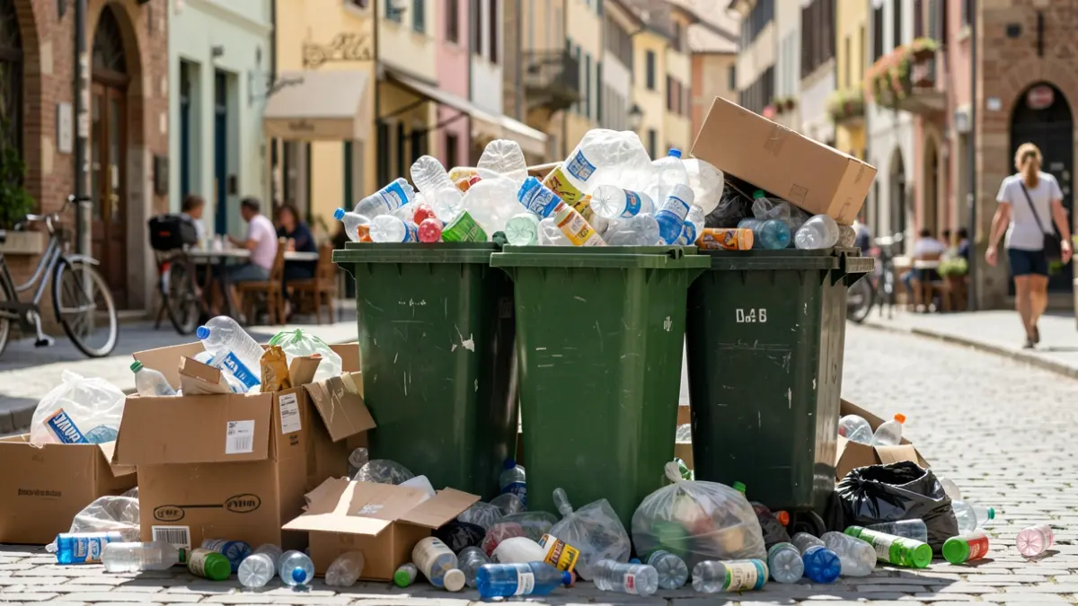 Overflowing trash bins on a street in San Bartolomé de Tirajana.